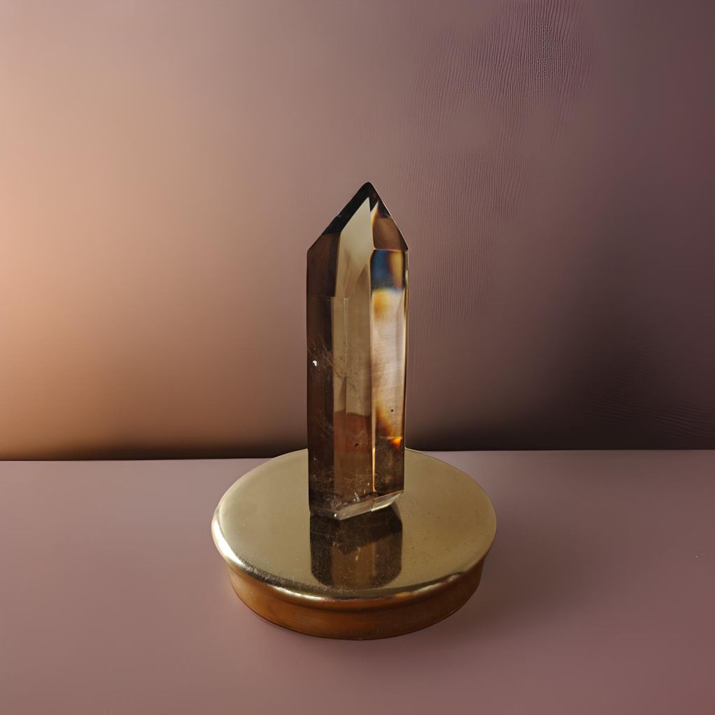 Pointe de citrine de 270 grammes sur un socle doré 